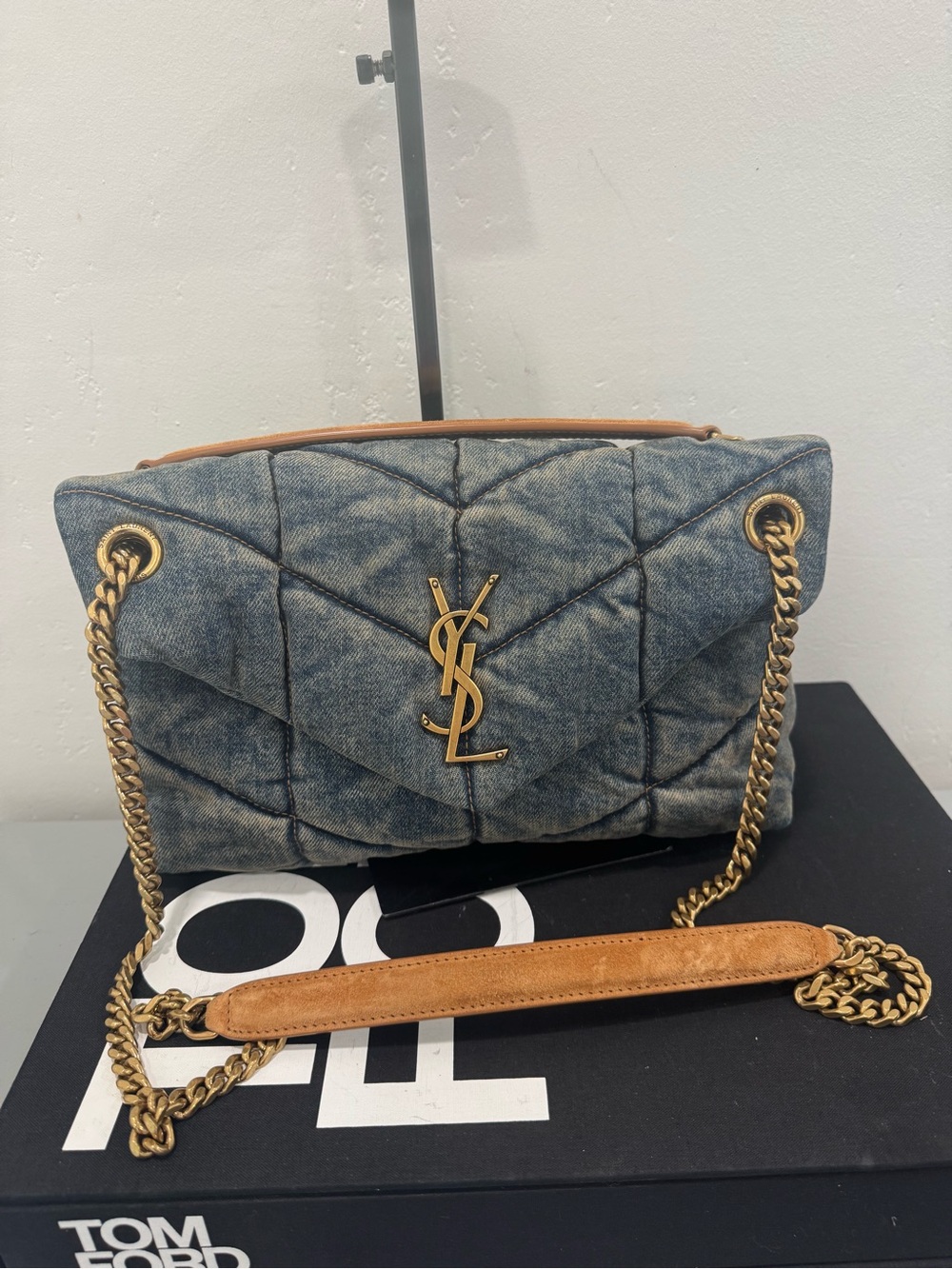Yves Saint Laurent Quilted Denim Shoulder Bag with Cognac Leather Strap